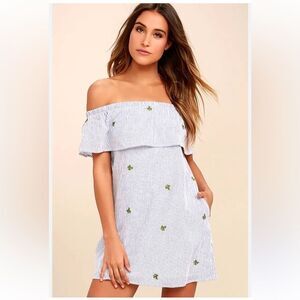 NWT PPLA Clothing Agave White Striped Embroidered Off-the-Shoulder Dress size XS